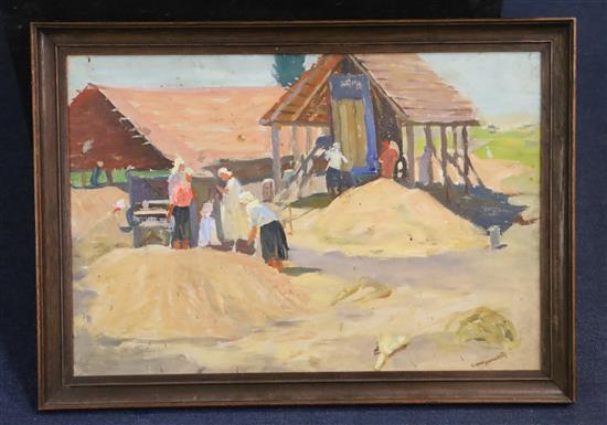 V. Sporykhin (Russian) oil on canvasboard, Harvest scene, signed, 33 x 49cm
